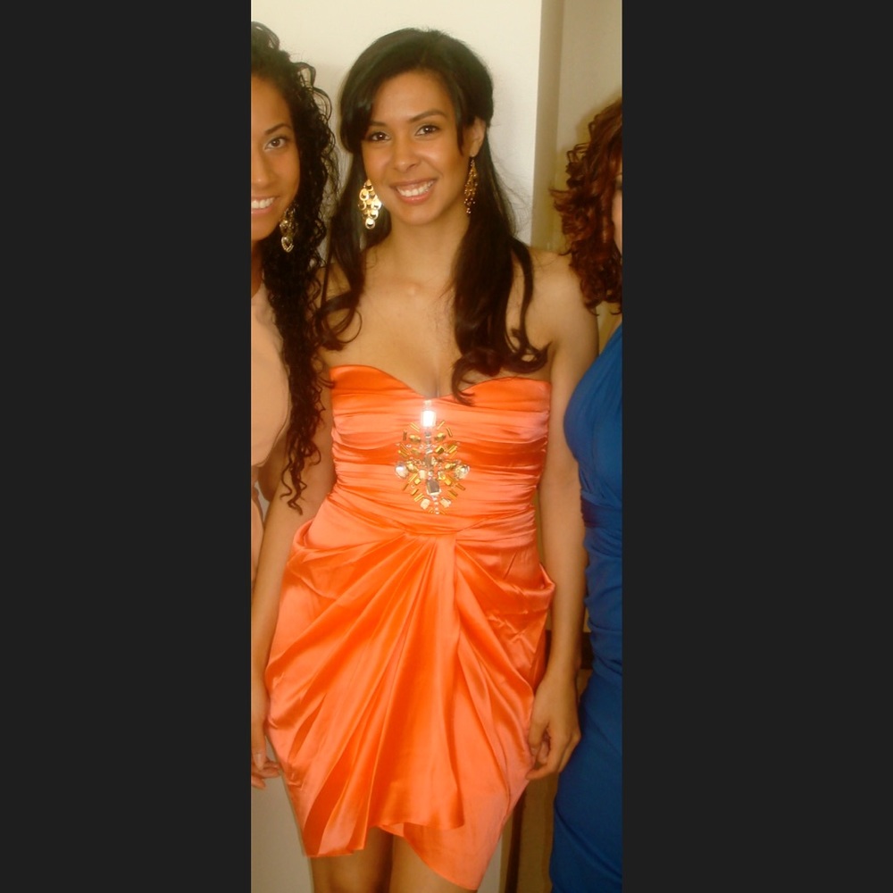 BEBE silk dress with gem decal